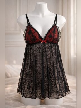 NEW Coquette Black Red Sheer Lace Babydoll Chemise XL Sheer Sexy Lingerie V Neck